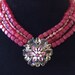 Vintage Signed Avon 5 Strand Beaded Necklace with Fuchsia Glass Pink Glass and Green Glass Beads with Crystal Flower Center