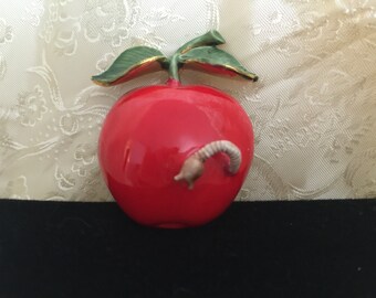 Rare Vintage 1960's Signed ORIGINAL BY ROBERT Red and Green Enamel Apple with Worm Brooch in Gold Plate Metal