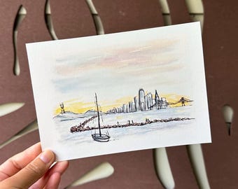 San Francisco Skyline Print - Watercolor Painting - Alameda, Bay Area