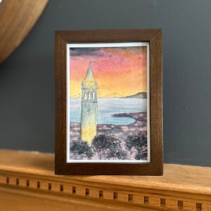 Campanile de la Universidad de California en Berkeley al atardecer - Acuarela - Impresión de postal - 5x7