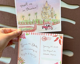 Vintage Watercolor Wedding Stationery - Save the Date Cards - Custom Handmade Painting