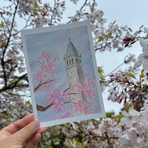 Campanile de la Universidad de California en Berkeley con cerezos en flor - Acuarela - Impresión de postal - 5x7