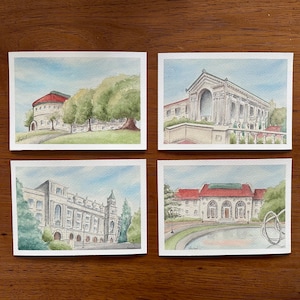 Coleção UC Berkeley - Conjunto de 4 impressões em aquarela - Cartões postais - 5x7 polegadas