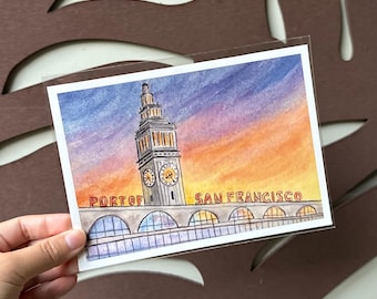 Ferry Building Sunset Print - Watercolor Painting - San Francisco