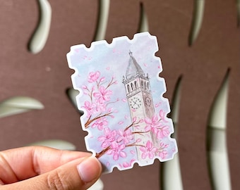 Berkeley Stamp Sticker - Cherry Blossom Campanile - Waterproof Vinyl - Watercolor Painting
