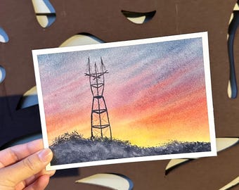 Sutro Tower Sunset Print - Watercolor Painting - San Francisco