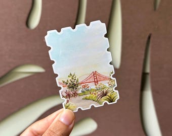 Golden Gate Stamp Sticker - Waterproof Vinyl - Watercolor Painting - Presidio San Francisco, California - Stationery