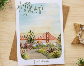 San Francisco Holiday Card - Golden Gate Bridge, California - Watercolor Painting - Christmas Stationery