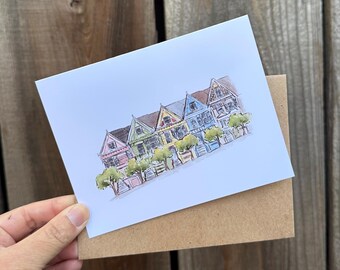 Painted Ladies Greeting Card - San Francisco, California Watercolor Painting