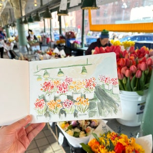 Mercado de flores - Pintura de acuarela - Pike Place Seattle - Impresión de postal de 5 x 7