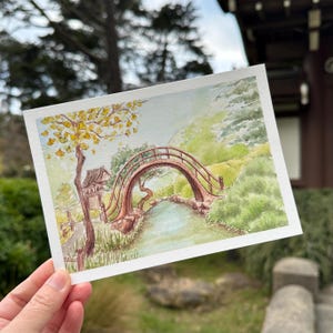 日本庭園の橋 - 水彩画 - サンフランシスコ - 5x7 ポストカードプリント