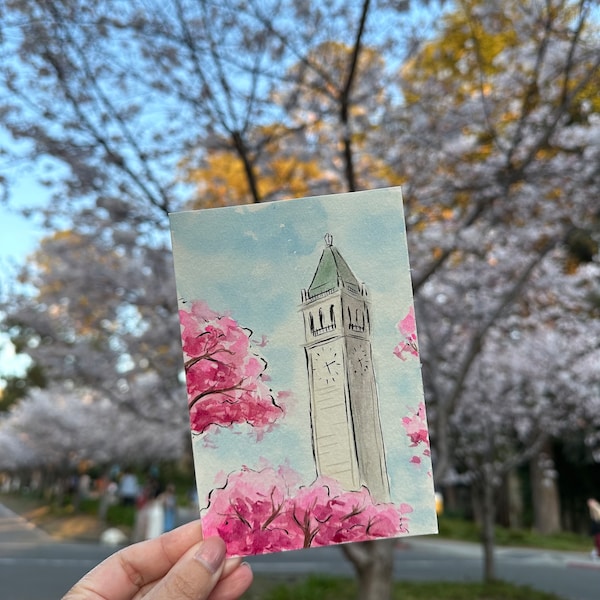 Berkeley Postcard - Cherry Blossoms and Campanile - Original Hand Painted Watercolor