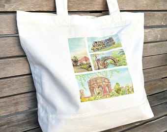 San Francisco Watercolor Tote Bag - Inner Pocket and Zipper Option - Cotton