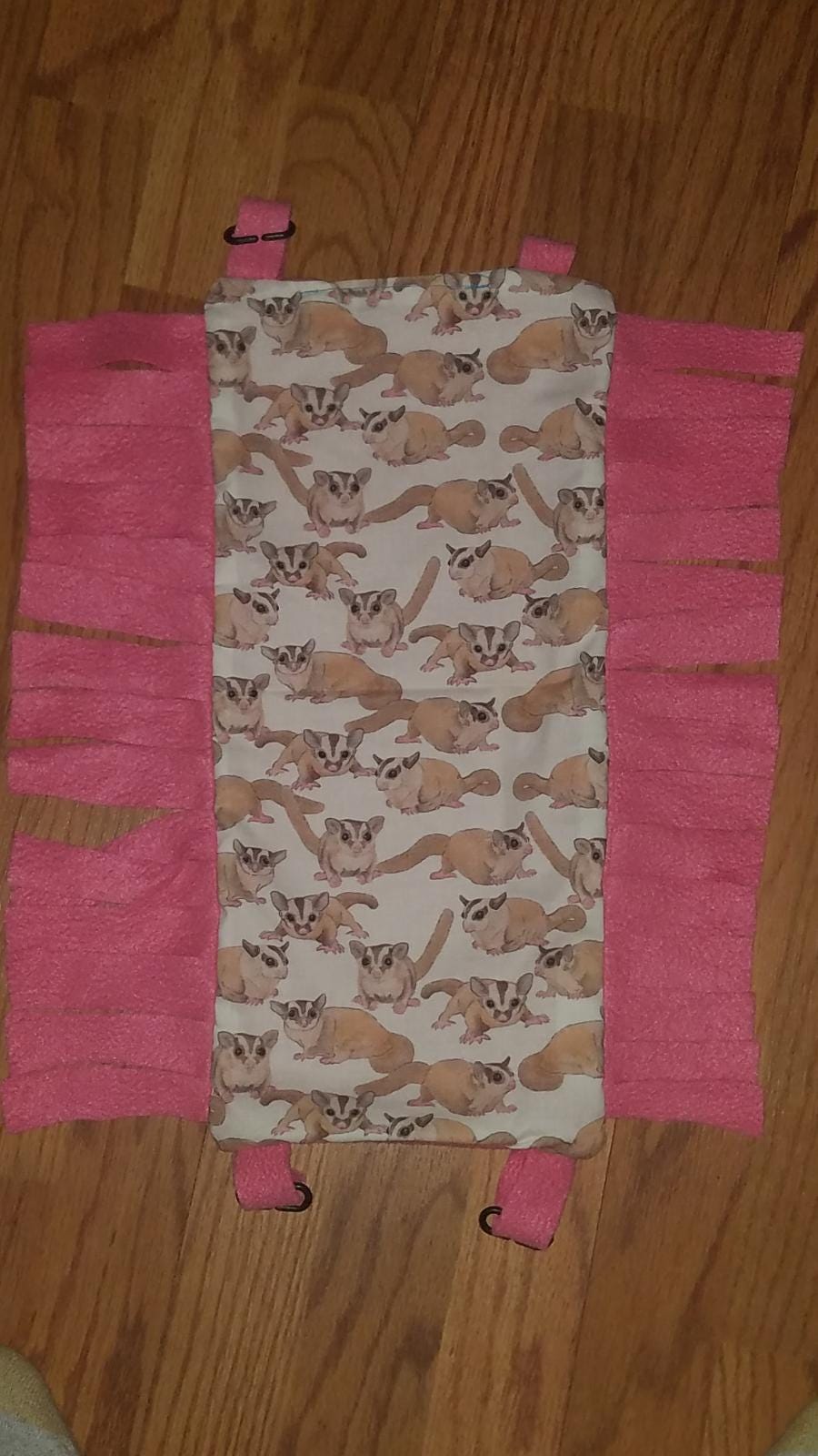 Bridge/ramp/hammock with sugar glider cotton print and anti-pill fleece with fringe for  animal enclosures in various sizes and colors.