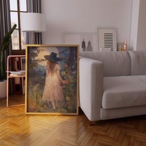 Witch Girl and Moon Vintage Art Print: Dark Academia Gothic Decor