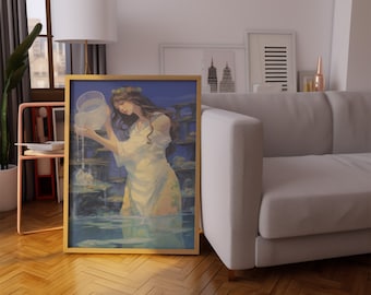 Aquarius Zodiac Poster, Celestial Witchy Art (Digital Download)