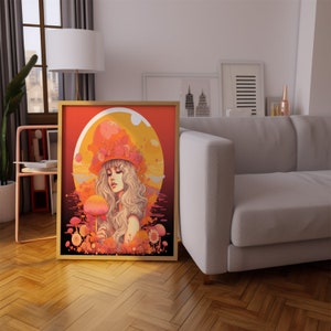 70s Psychedelic Mushroom Goddess Art Decor, Mushroom Woman Art Print, Cottagecore Mushroom Wall Art, Elegant Mushroom Dream Girl Print