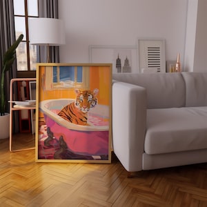 Tiger in Pink Bath Print: Maximalist Bathroom Wall Art (Digital Download)