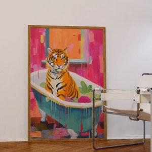 Tiger Poster, Bathroom Wall Art, Tiger In a Bath Print, Maximalist Dopamine Decor, Preppy Wall Art, Trendy Decor, Pink Kitsch Aesthetic, Art