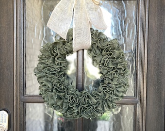 Army green burlap wreath with burlap bow. year round wreath, housewarming, wedding, outdoor decor, door wreath, door hanger