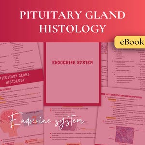 May include: A pink and white educational eBook titled "Pituitary Gland Histology" with the text "Endocrine System." The pages display diagrams and text about the pituitary gland. The word "eBook" is in a yellow rectangle.