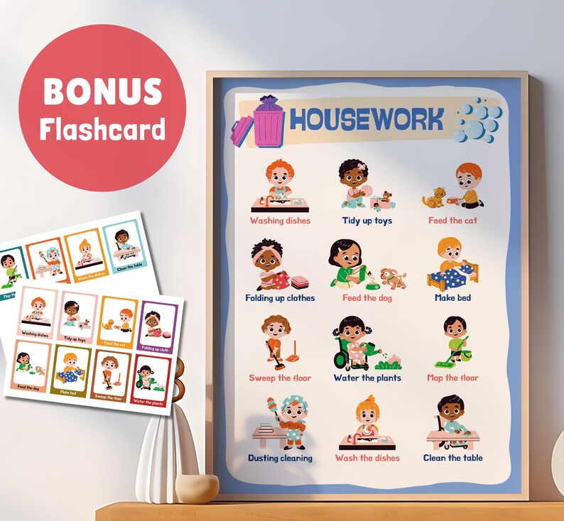 Household Chores Poster: Kids Housework Flashcard, Preschool Learning ...