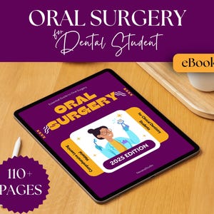 Puede incluir: Una tableta digital muestra la portada de un libro electrónico titulado "ORAL SURGERY for Dental Students". La portada es morada con texto dorado. El libro electrónico es la edición de 2025 y tiene más de 110 páginas. También se ven un lápiz óptico y una bandeja de madera.