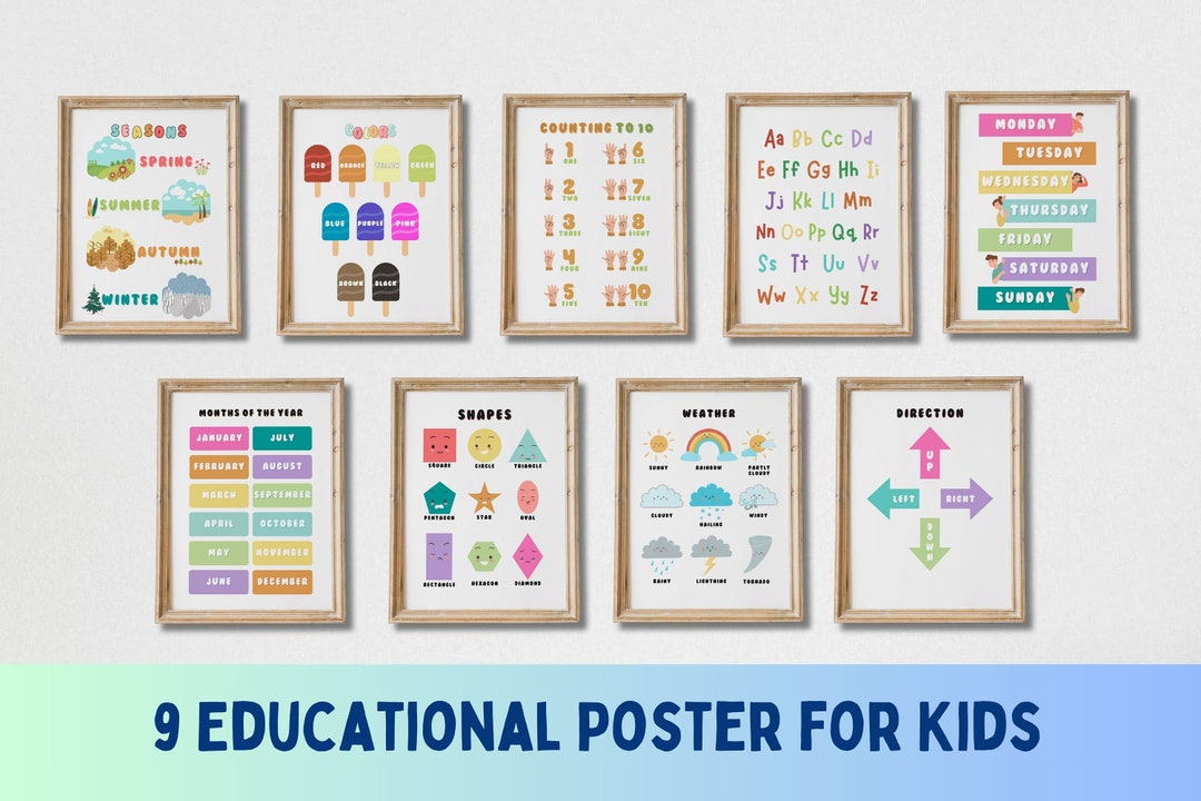 Set of 9 Educational Poster for Kids, Homeschool Learning, Playroom ...