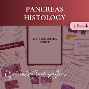 May include: An eBook cover with the title "PANCREAS HISTOLOGY" in white letters on a dark red background. The image includes several pages with medical diagrams and the text "Gastrointestinal System". An "eBook" label is in the upper right corner.