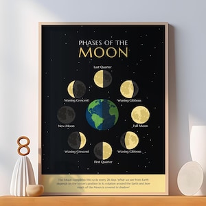 Stampa delle fasi lunari - Poster scientifico del ciclo delle fasi lunari - Illustrazioni in giallo e nero - Poster didattico sulla Terra e lo spazio - Stampa digitale