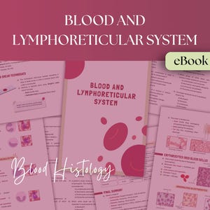 May include: A pink and white eBook cover titled "Blood and Lymphoreticular System" with a large pink blood cell graphic. The image includes pages with diagrams and the text "Blood Histology". The word "eBook" is in a green rectangle.