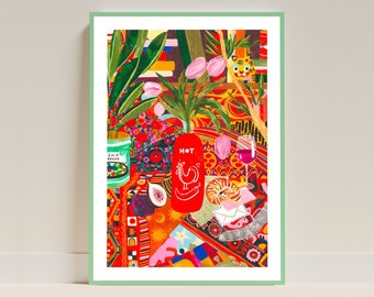 Affiche Siracha A4 A3 | Illustration colorée | Nature morte maximaliste avec motifs et fleurs | Art mural