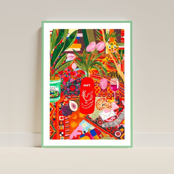 Siracha poster A4 A3 | Colorful illustration | Maximalist Still life with patterns and flowers | Wall Art