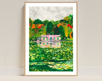 Affiche Jardin La Foleia A4 A3 | Illustration d'un paysage représentant une maison rose et un lac rempli de nénuphars | Art mural