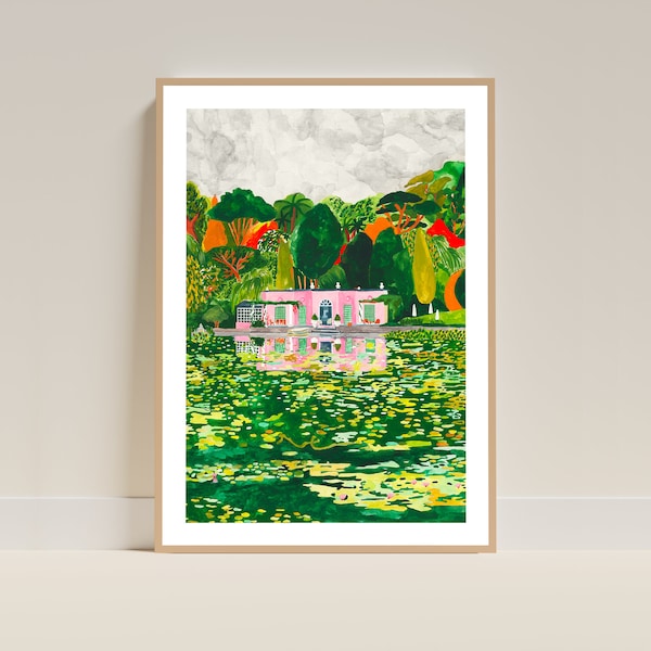 La Foleia Garden poster A4 A3 | Landscape illustration of a pink house and a lake full of water lilies  | Wall Art