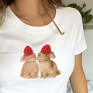 Strawberry Bunnies Baby Tee, Coquette Graphic Top, Cute Baby Tee, Cottagecore Clothing, Vintage Baby Tee Y2k, Soft Girlcore Aesthetic Top