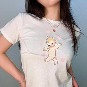 Kewpie Heart Baby Tee, Y2k Vintage Retro Top, Trending 90s Tee, Preppy Coquette Shirt, Cute Aesthetic Women&#39;s Tee, Angel Babydoll Clothing