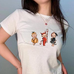 Kewpie Halloween Baby Tee, Y2k Vintage Retro Top, Trending 90s Tee, Spooky Halloween Shirt, Cute Aesthetic Women&#39;s Tee, Babydoll Clothing