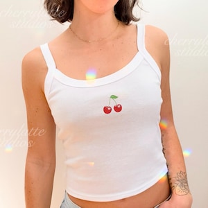 Geborduurde tanktop met kersen, esthetische cottagecore-top, Y2k Summer, leuke fruittop met spaghettibandjes