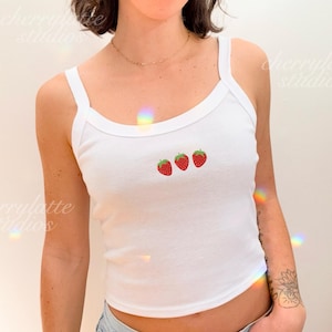 Geborduurde aardbei-tanktop, Aesthetic Cottagecore-top, Y2k Summer, leuke fruittop met spaghettibandjes