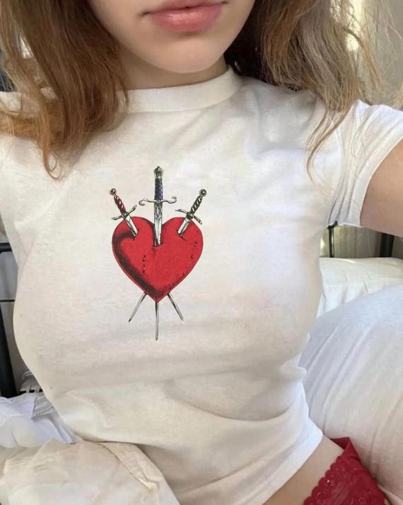 Sword Heart Baby Tee, 90s Clothing, Coquette Aesthetic, Vintage Graphic Top, Y2K Shirt, Cute Baby Tee, Grunge Baby Tee, 2000s fashion
