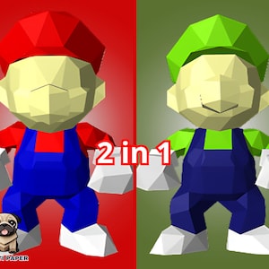Mario Papercraft Template, Pack 2 in 1, Diy Super Hero papercraft, 3d template, DXF PDF template , paper model, Mario Low Poly