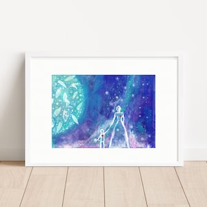 Mutter, Kind und zwei Herzen die schlagen zusammen unter dem blauen Baum, Kunstdruck - Illustration - Signiert - Ohne Rahmen