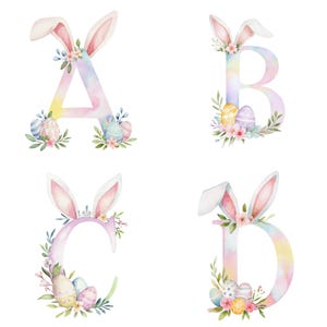 Clipart de alfabeto de coelho da Páscoa A-Z e números de 1 a 9, letras de aquarela pastel, PNG de 300 DPI, fundo transparente, sublimação de primavera