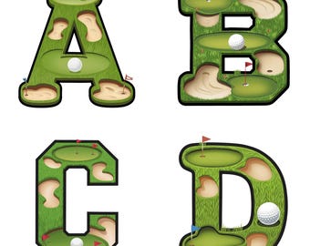 Imágenes prediseñadas del alfabeto de golf: números de la A a la Z, diseño divertido del campo (descarga digital PNG)