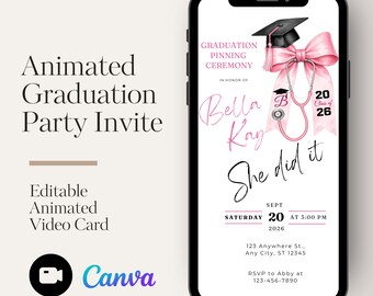 Animated LPN Graduation Pinning Ceremony Invitation, Pink Bow Nurse Grad Canva Evite