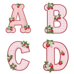 Letras de morango gingham rosa | Alfabeto floral de morango e números Clip Art A-Z, 0-9 | 300 DPI PNG, fundo transparente