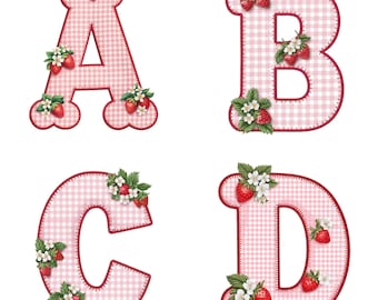 Pink Gingham Strawberry Letters | Floral Strawberry Alphabet & Numbers Clip Art A-Z, 0-9 | 300 DPI PNG, Transparent Background