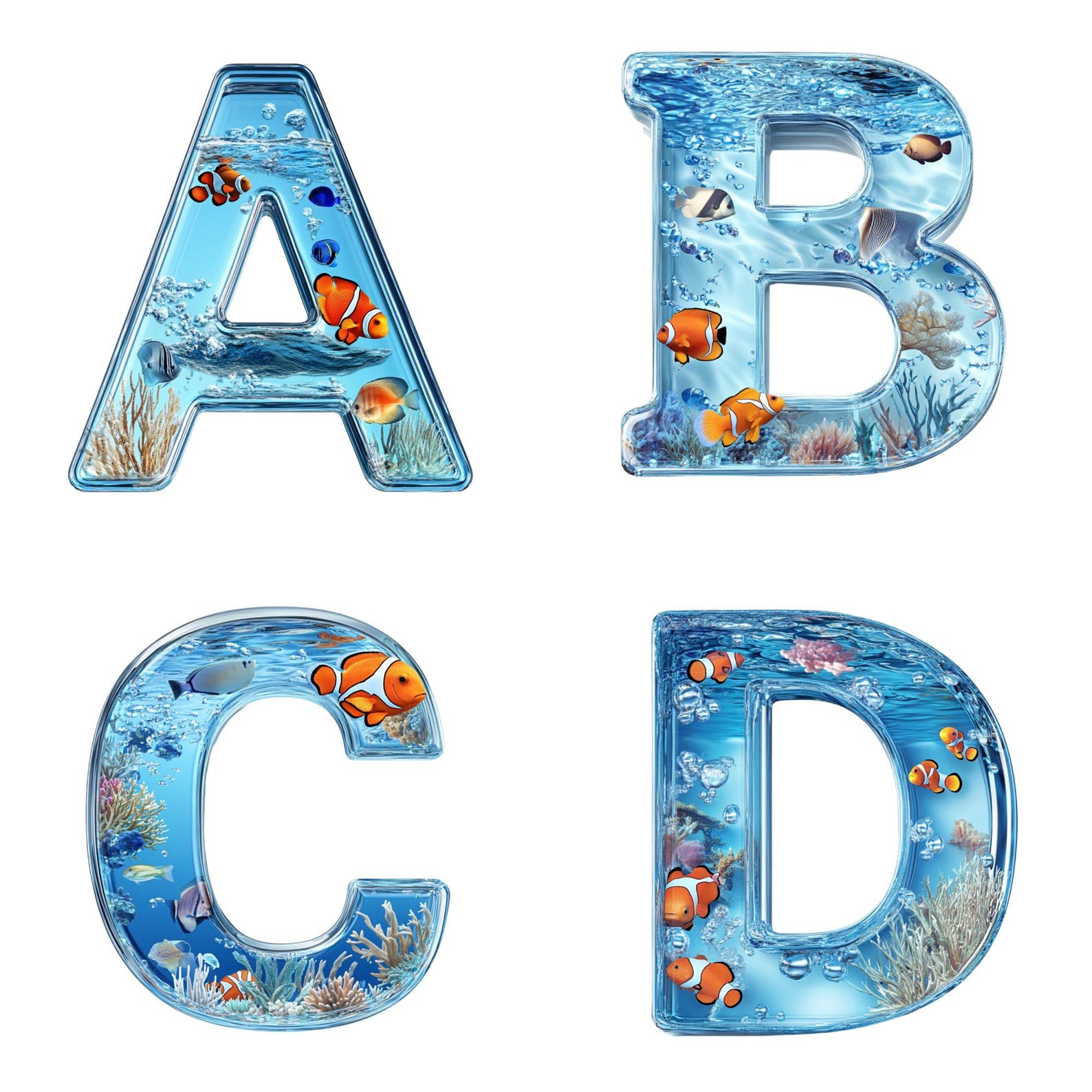 Cute Sea Life Alphabet Clip Art A-Z &amp; Numbers 0-9 | Digital Ocean Letters | Sea Animal Pngs for ...