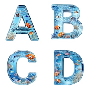 Cute Sea Life Alphabet Clip Art A-Z e números 0-9 | Letras digitais do oceano | PNGs de animais marinhos para artesanato | Fundo transparente de 300 DPI
